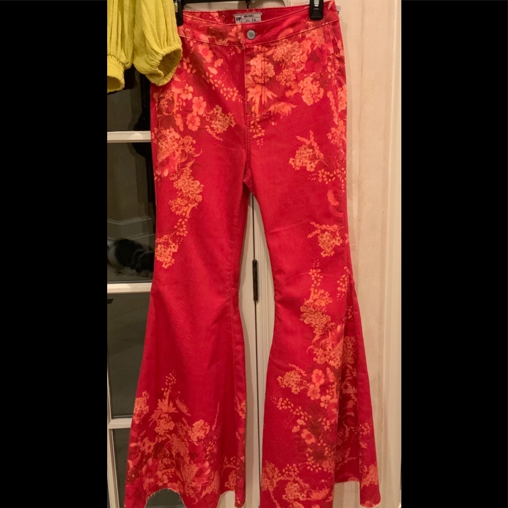 Free People Soft Red High Waisted Wide Bell Jean